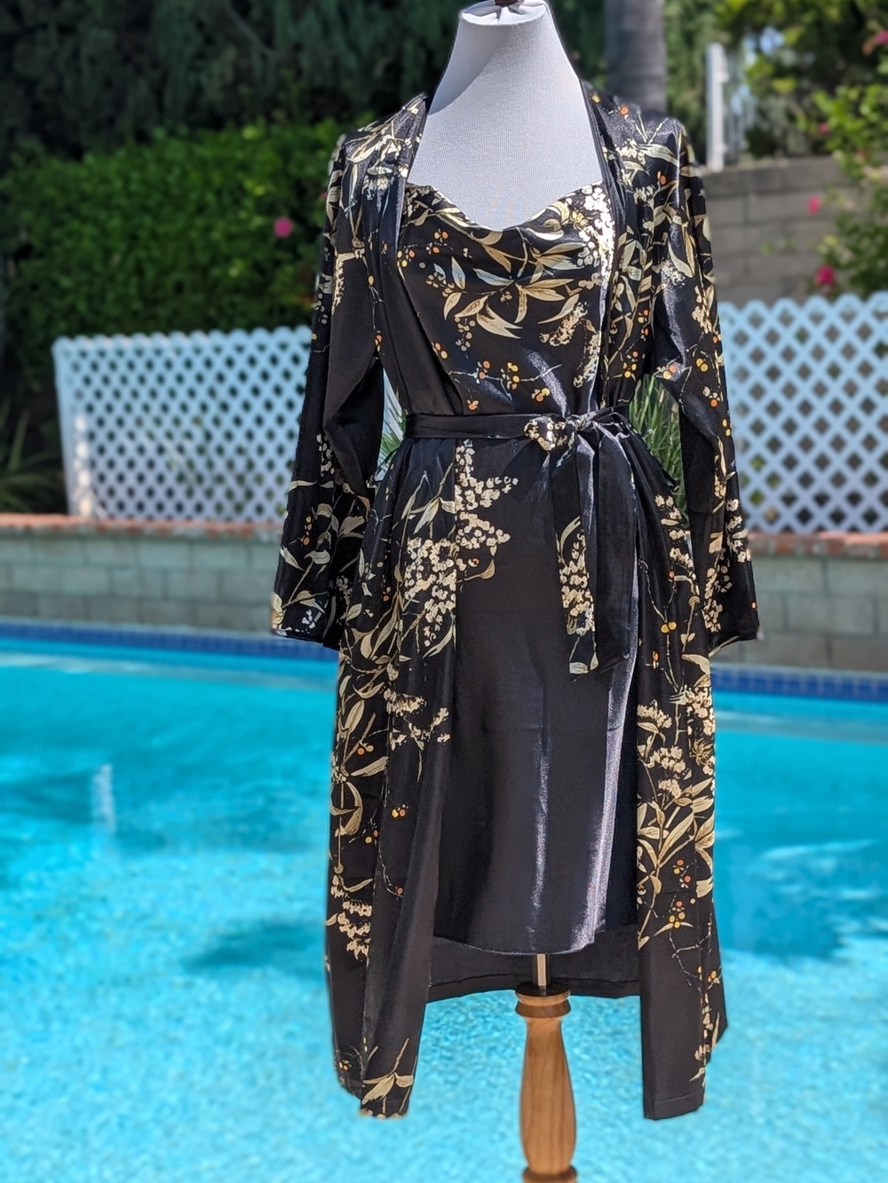 Floral Satin Black Robe & Chemise Set